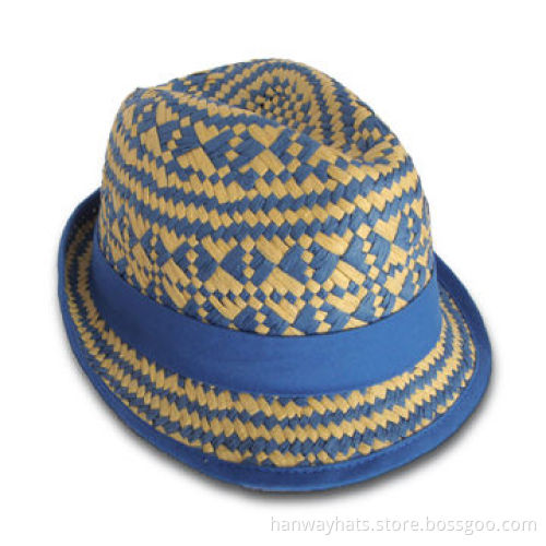 Ladies' Paper Straw Fedora for Summer Hand Woven Ethnic Pattern, Gross Grain Band with Cross Piece